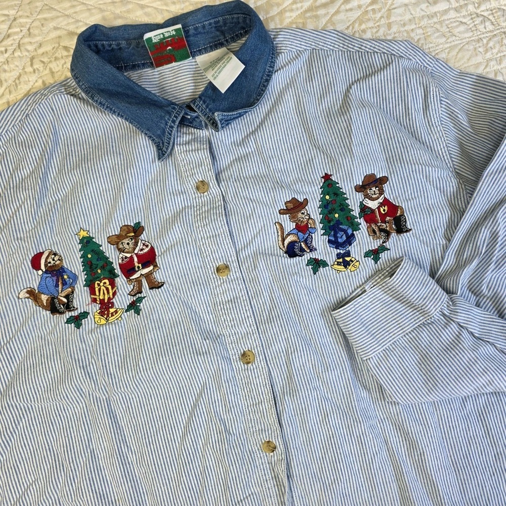 Vintage Christmas Nutcracker Womens 22W Embroidered Pin Stripe Cat Button Up